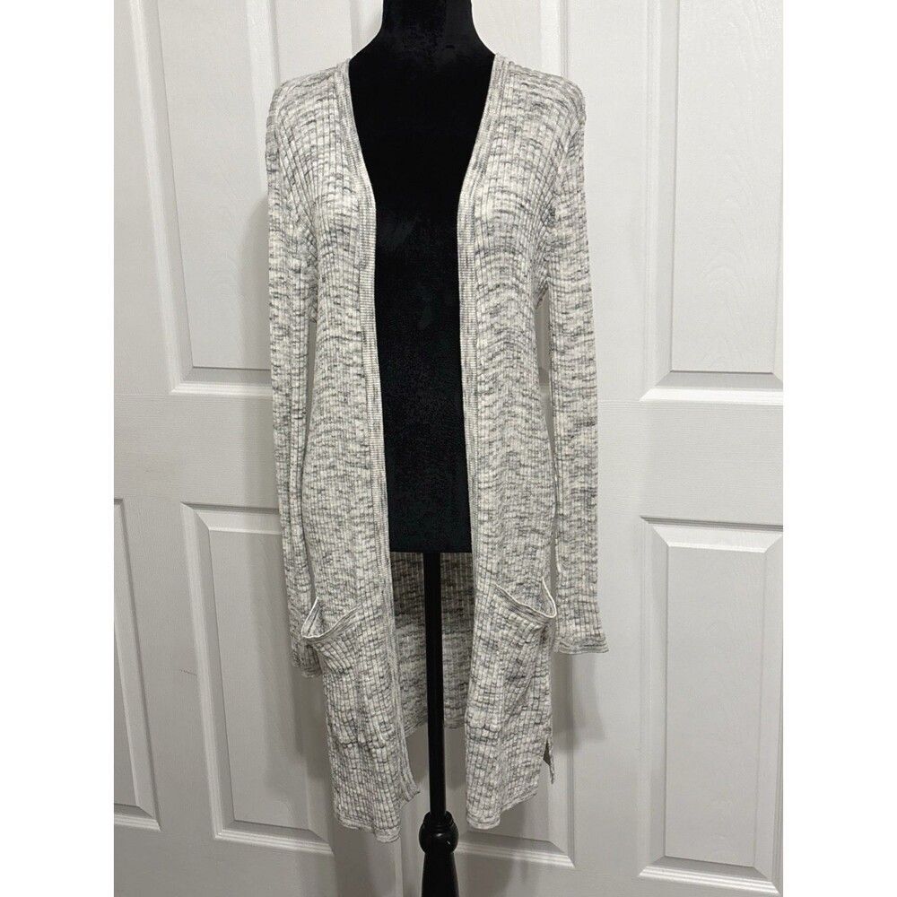 Women’s Garage Grey Navy Heather Open-Front Long Gray Knit Cardigan Sweater L
